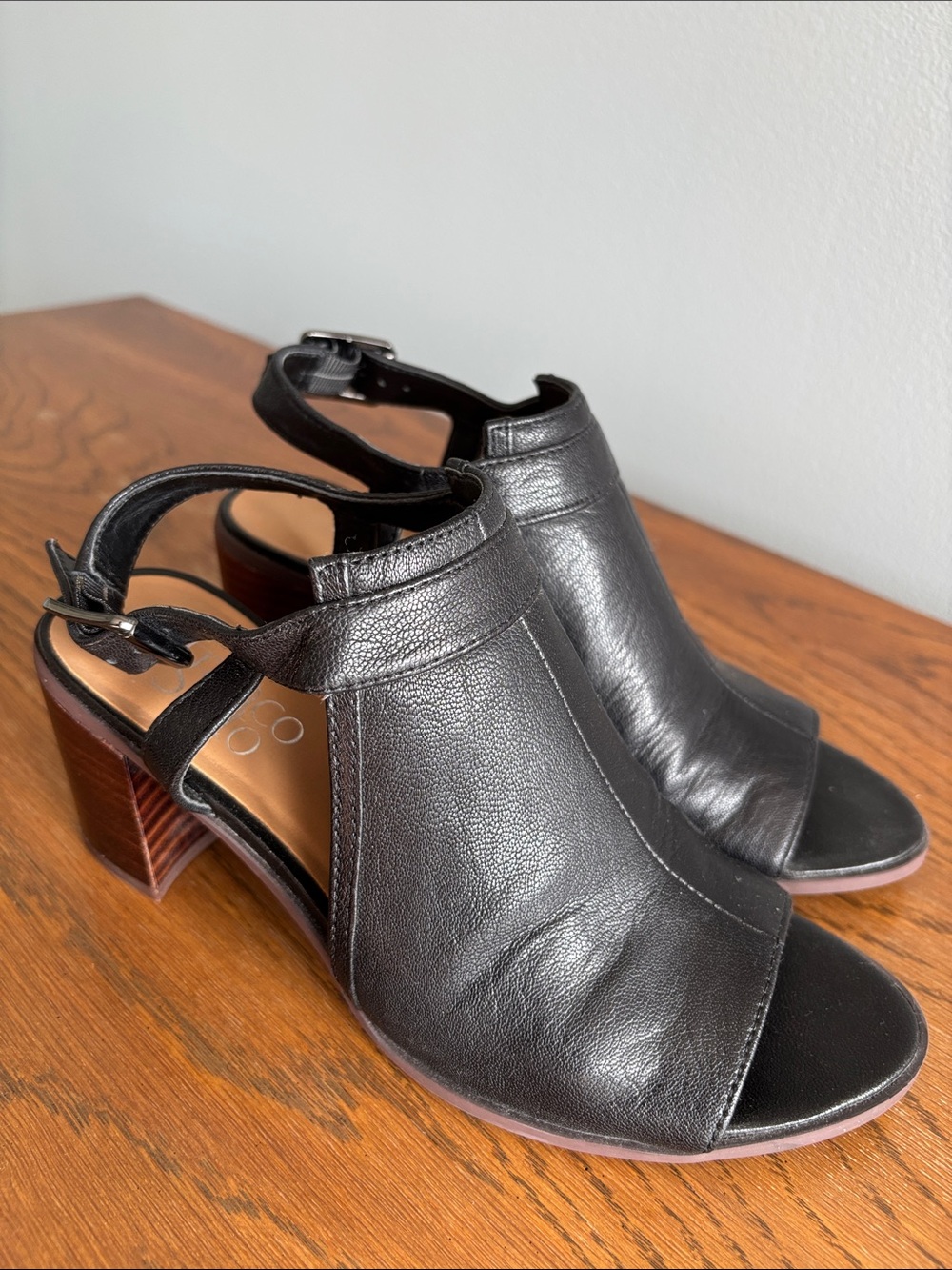Franco Sarto Black Open-Toe Leather Slingback Block Heels